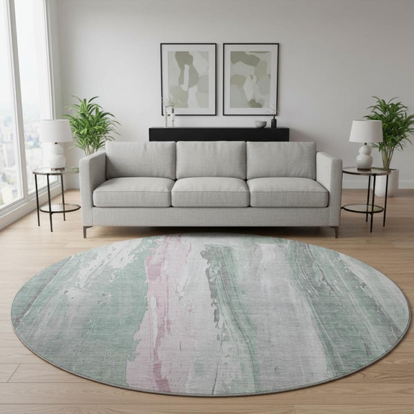 HomeRoots 8' Sage and Blush Abstract Round Rug - Washable, UV-Protected, Modern Design for High-Traffic Areas 705572