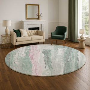 HomeRoots 8' Sage and Blush Abstract Round Rug - Washable, UV-Protected, Modern Design for High-Traffic Areas 705572
