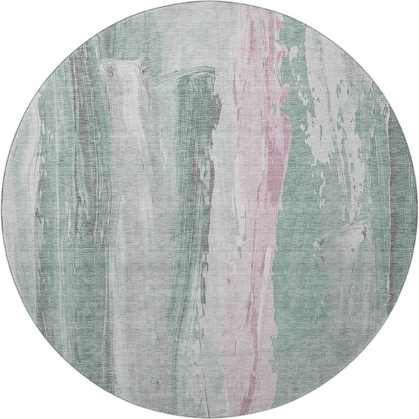 HomeRoots 8' Sage and Blush Abstract Round Rug - Washable, UV-Protected, Modern Design for High-Traffic Areas 705572