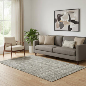 HomeRoots 5' X 8' Beige and Taupe Striped Washable Area Rug - Durable, Stylish, UV-Protected for Any Room 705577