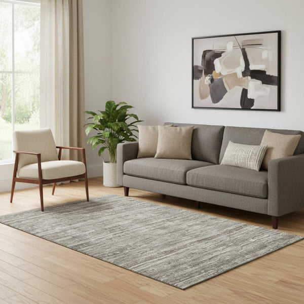 HomeRoots 5' X 8' Beige and Taupe Striped Washable Area Rug - Durable, Stylish, UV-Protected for Any Room 705577