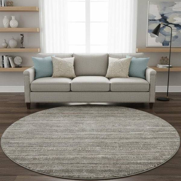 HomeRoots 8' Beige and Taupe Striped Washable Round Rug with UV Protection for Easy Care in High-Traffic Areas 705578