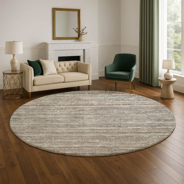 HomeRoots 8' Beige and Taupe Striped Washable Round Rug with UV Protection for Easy Care in High-Traffic Areas 705578