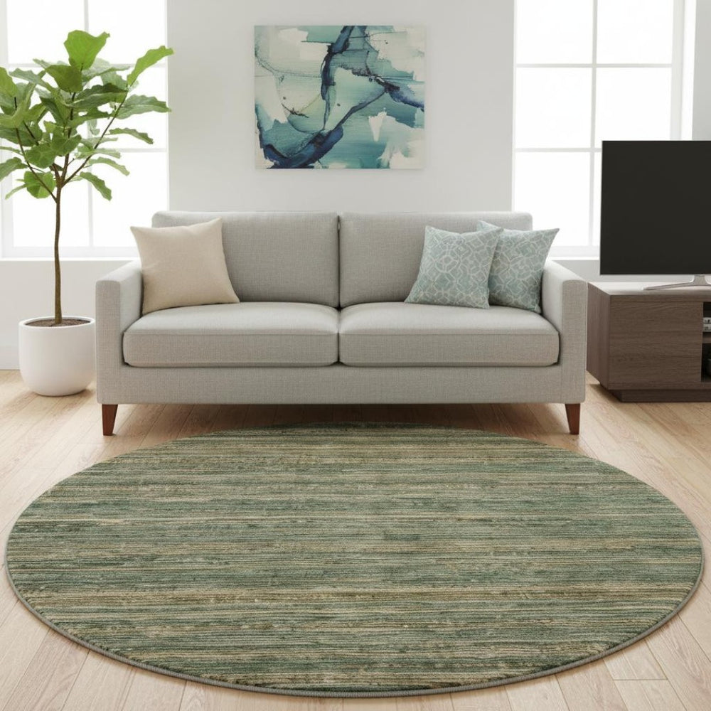 HomeRoots 8' Washable Fern Green & Taupe Striped Round Rug with UV Protection for Stylish, Busy Homes 705584