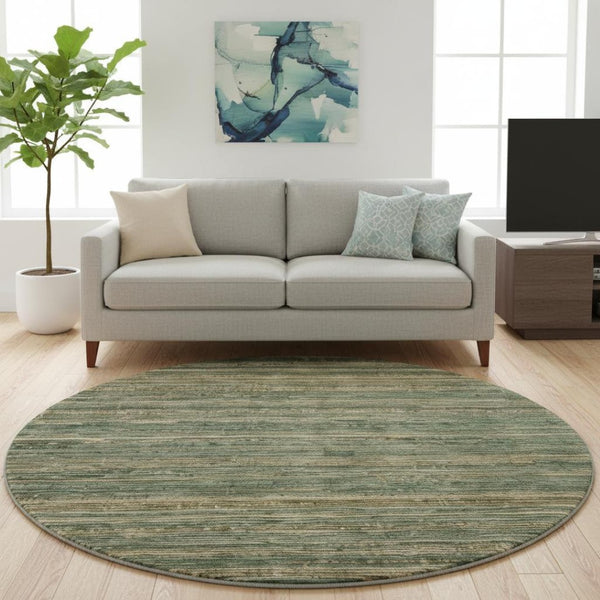 HomeRoots 8' Washable Fern Green & Taupe Striped Round Rug with UV Protection for Stylish, Busy Homes 705584