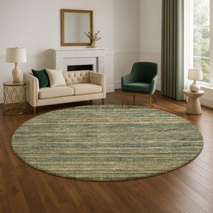 HomeRoots 8' Washable Fern Green & Taupe Striped Round Rug with UV Protection for Stylish, Busy Homes 705584