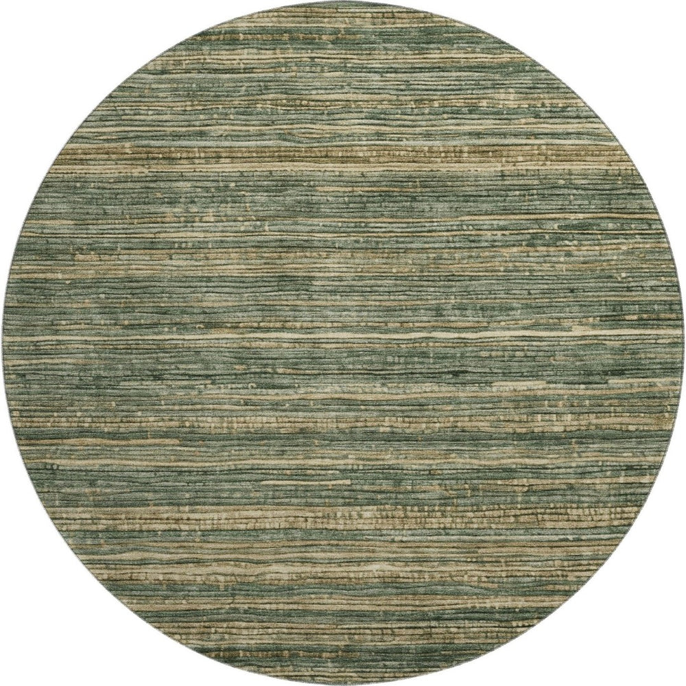 HomeRoots 8' Washable Fern Green & Taupe Striped Round Rug with UV Protection for Stylish, Busy Homes 705584