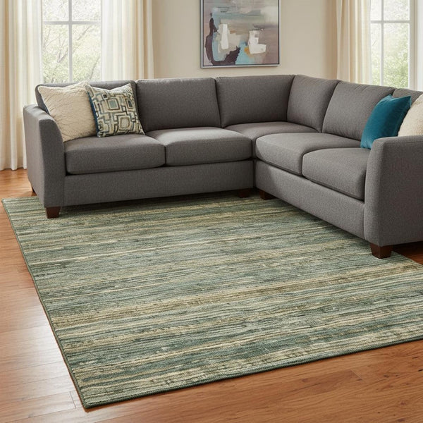 HomeRoots 8' X 10' Durable Fern Green & Taupe Striped Area Rug - Washable, UV Protected, Perfect for Families! 705585
