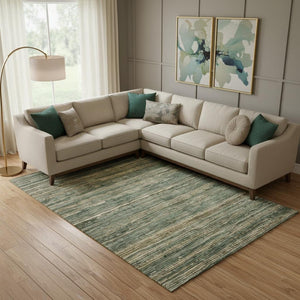 HomeRoots 9' X 12' Fern Green & Taupe Striped Area Rug - Durable, Washable, UV-Protected for Busy Homes 705586