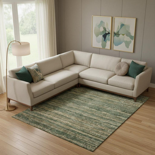 HomeRoots 10' X 14' Stylish Fern Green & Taupe Striped Area Rug with UV Protection - Durable & Washable! 705587