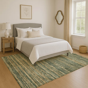 HomeRoots 10' X 14' Stylish Fern Green & Taupe Striped Area Rug with UV Protection - Durable & Washable! 705587