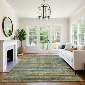 HomeRoots 10' X 14' Stylish Fern Green & Taupe Striped Area Rug with UV Protection - Durable & Washable! 705587