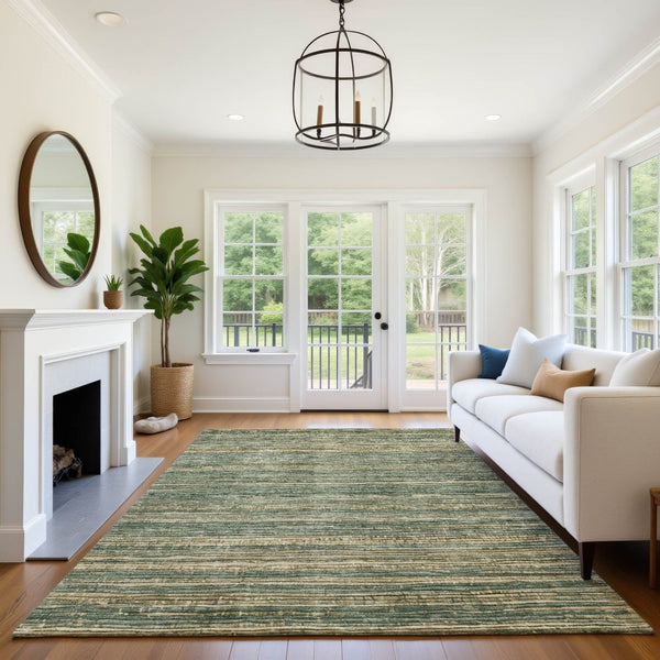 HomeRoots 10' X 14' Stylish Fern Green & Taupe Striped Area Rug with UV Protection - Durable & Washable! 705587