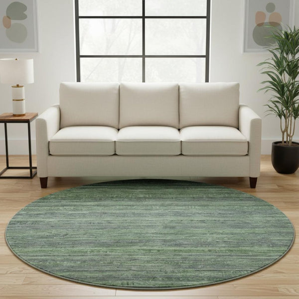 HomeRoots 8' Green And Gray Striped Washable Round Rug - UV Protected, Durable Design for Busy Homes & Families 705590