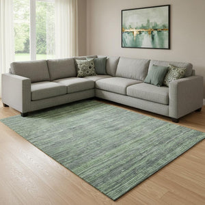 HomeRoots 8' X 10' Green and Gray Striped Washable Area Rug with UV Protection for Indoor and Outdoor Use 705591