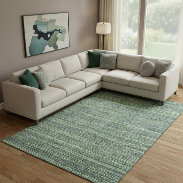 HomeRoots 9' X 12' Striped Green and Gray Area Rug - Washable, UV-Protected, Durable for Homes with Kids & Pets 705592