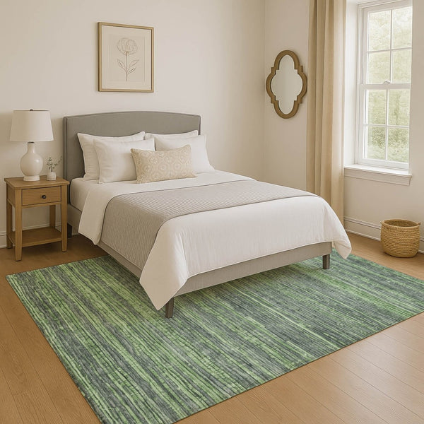 HomeRoots 9' X 12' Striped Green and Gray Area Rug - Washable, UV-Protected, Durable for Homes with Kids & Pets 705592