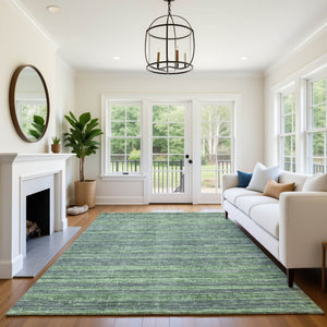 HomeRoots 9' X 12' Striped Green and Gray Area Rug - Washable, UV-Protected, Durable for Homes with Kids & Pets 705592