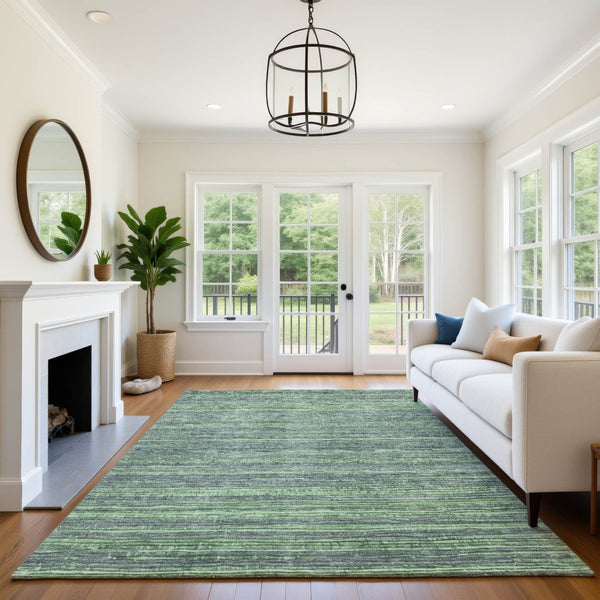 HomeRoots 9' X 12' Striped Green and Gray Area Rug - Washable, UV-Protected, Durable for Homes with Kids & Pets 705592