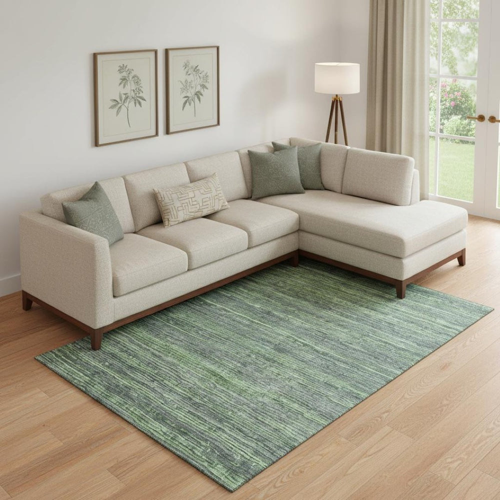 HomeRoots 10' X 14' Stylish Green and Gray Striped Washable Area Rug with UV Protection for Homes & Families 705593
