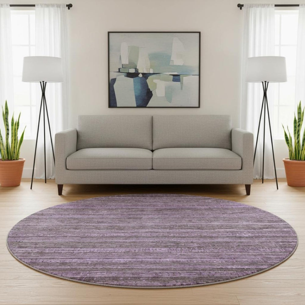 HomeRoots 8' Purple And Gray Striped Round Washable Rug - Stain Resistant, UV Protected, Non-Slip Backing 705596
