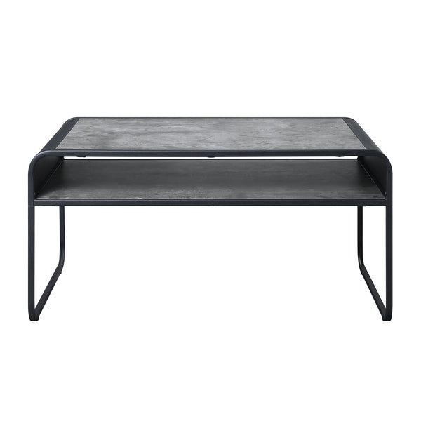 English Elm Concrete Grey and Black Coffee Table with Lower Shelf, Curved Edges & Metal Frame for Urban Chic Living B062P185664