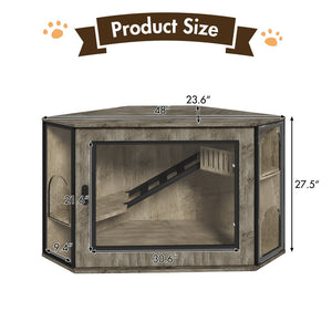 English Elm 48" Corner Mdf Cat Litter Enclosure Cabinet with Led Acrylic Door and Play Loft Grey N704P402446E