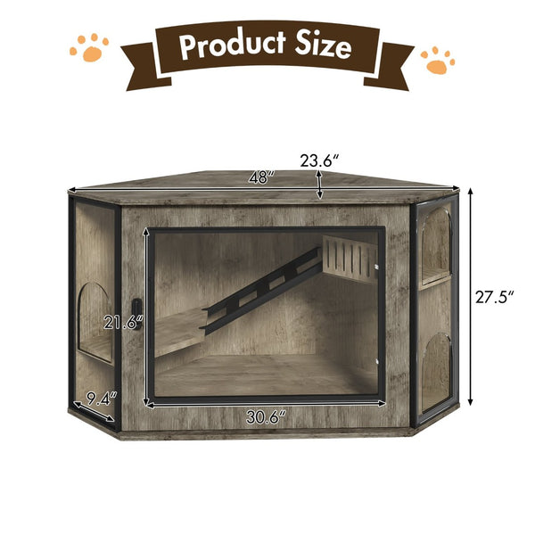 English Elm 48" Corner Mdf Cat Litter Enclosure Cabinet with Led Acrylic Door and Play Loft Grey N704P402446E