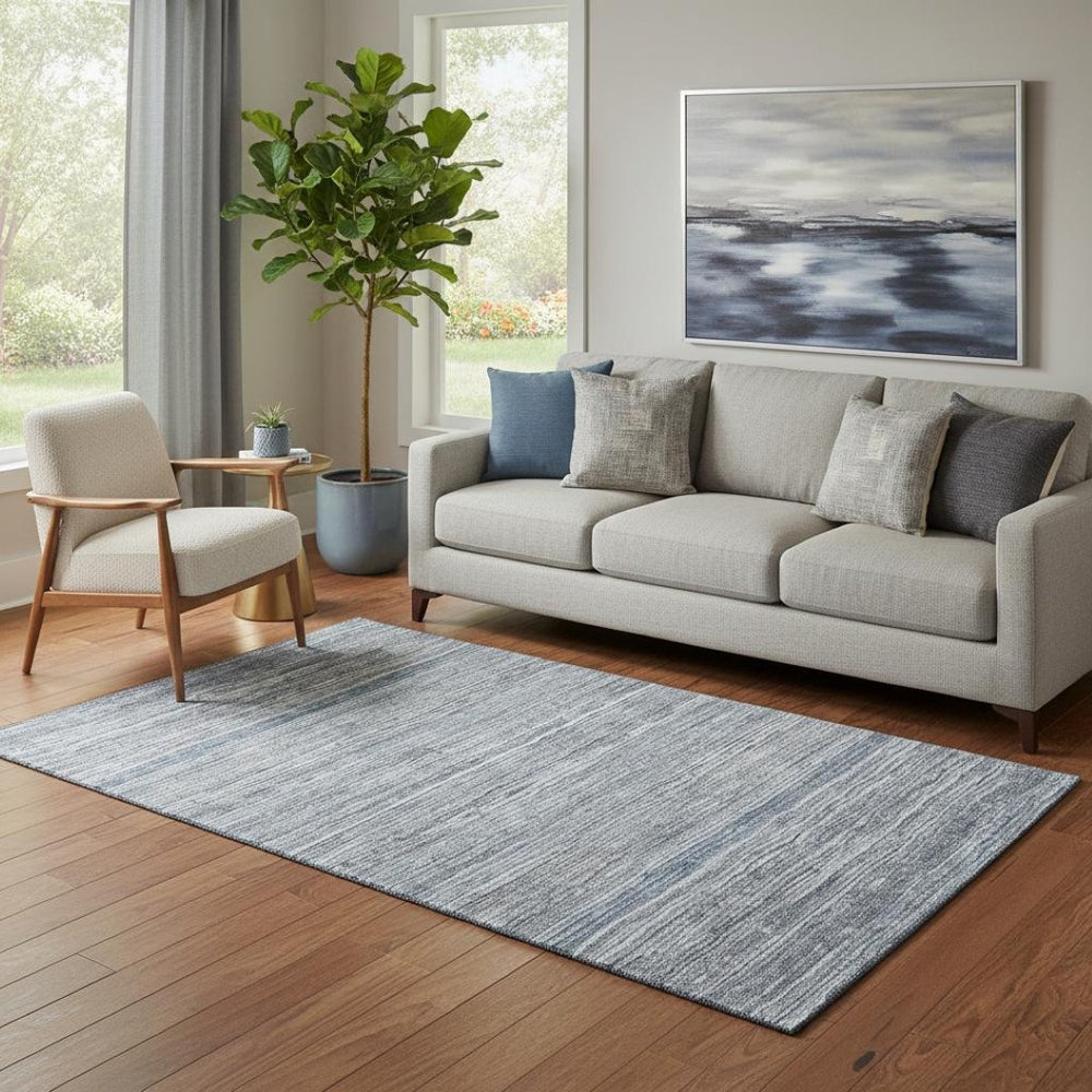HomeRoots 5' X 8' Sky Blue and Gray Striped Washable Rug with UV Protection - Durable, Stylish & Easy Care! 705601