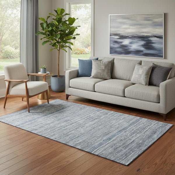 HomeRoots 5' X 8' Sky Blue and Gray Striped Washable Rug with UV Protection - Durable, Stylish & Easy Care! 705601