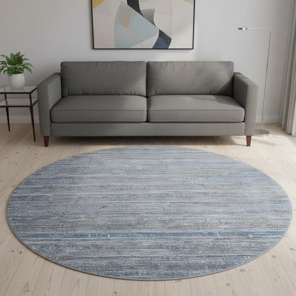 HomeRoots 8' Sky Blue and Gray Striped Round Rug - Washable, UV-Protected, Non-Slip, Ideal for Busy Homes 705602