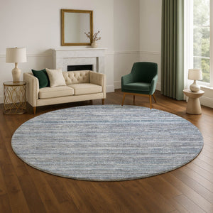 HomeRoots 8' Sky Blue and Gray Striped Round Rug - Washable, UV-Protected, Non-Slip, Ideal for Busy Homes 705602
