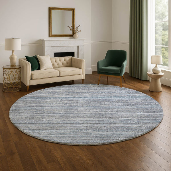 HomeRoots 8' Sky Blue and Gray Striped Round Rug - Washable, UV-Protected, Non-Slip, Ideal for Busy Homes 705602