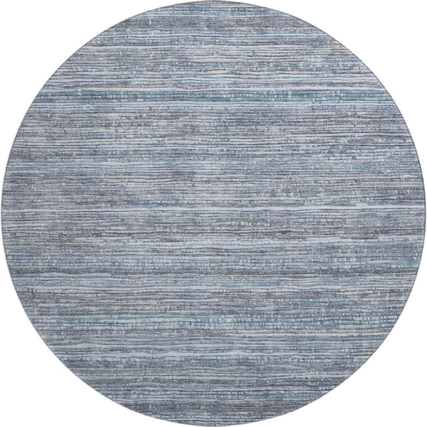 HomeRoots 8' Sky Blue and Gray Striped Round Rug - Washable, UV-Protected, Non-Slip, Ideal for Busy Homes 705602