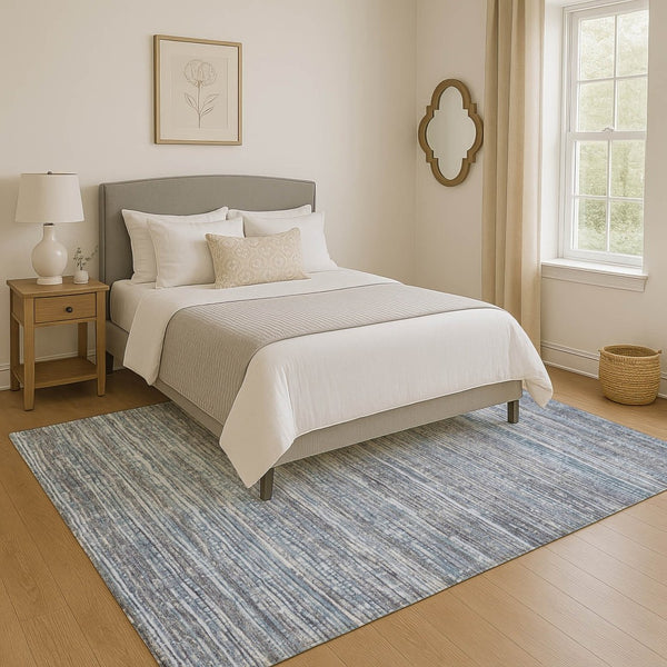 HomeRoots 10' X 14' Sky Blue & Gray Striped Washable Area Rug - UV Protected, Soft, Durable & Easy Care! 705605