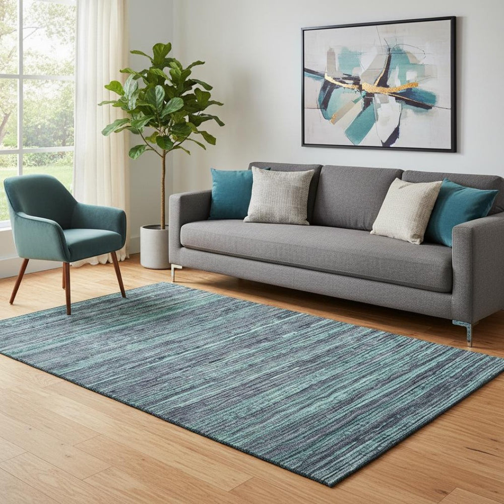 HomeRoots 5' X 8' Teal & Gray Striped Washable Area Rug - Durable, Stylish, UV-Protected, Perfect for Homes! 705607