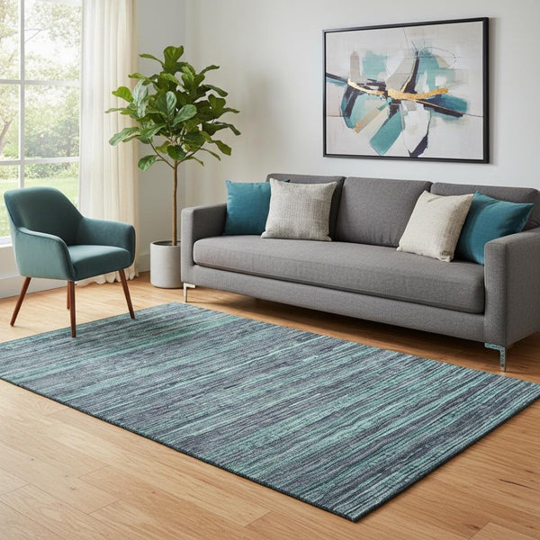 HomeRoots 5' X 8' Teal & Gray Striped Washable Area Rug - Durable, Stylish, UV-Protected, Perfect for Homes! 705607