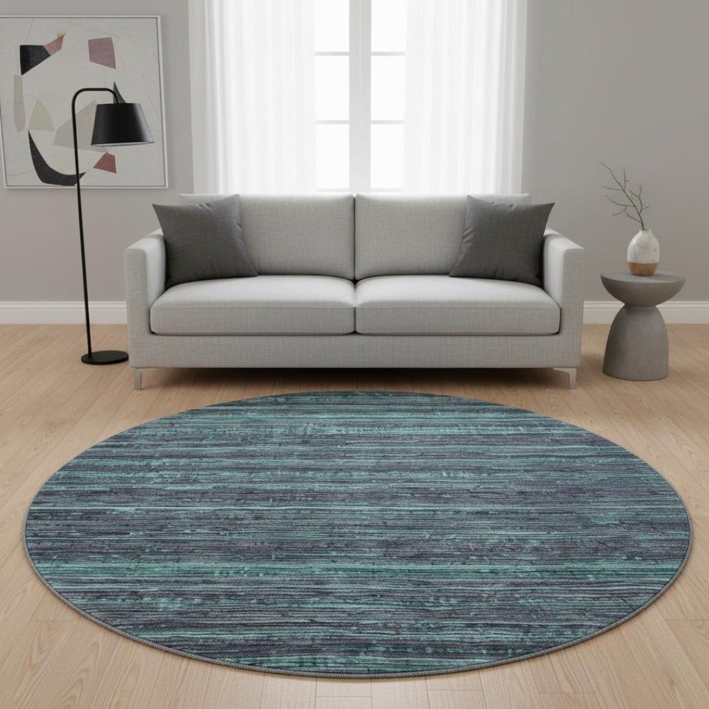 HomeRoots 8' Stylish Teal and Gray Striped Round Rug – Washable, UV-Protected, Stain-Resistant, Non-Slip Design 705608