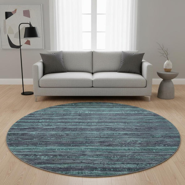 HomeRoots 8' Stylish Teal and Gray Striped Round Rug – Washable, UV-Protected, Stain-Resistant, Non-Slip Design 705608