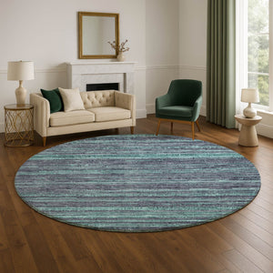 HomeRoots 8' Stylish Teal and Gray Striped Round Rug – Washable, UV-Protected, Stain-Resistant, Non-Slip Design 705608
