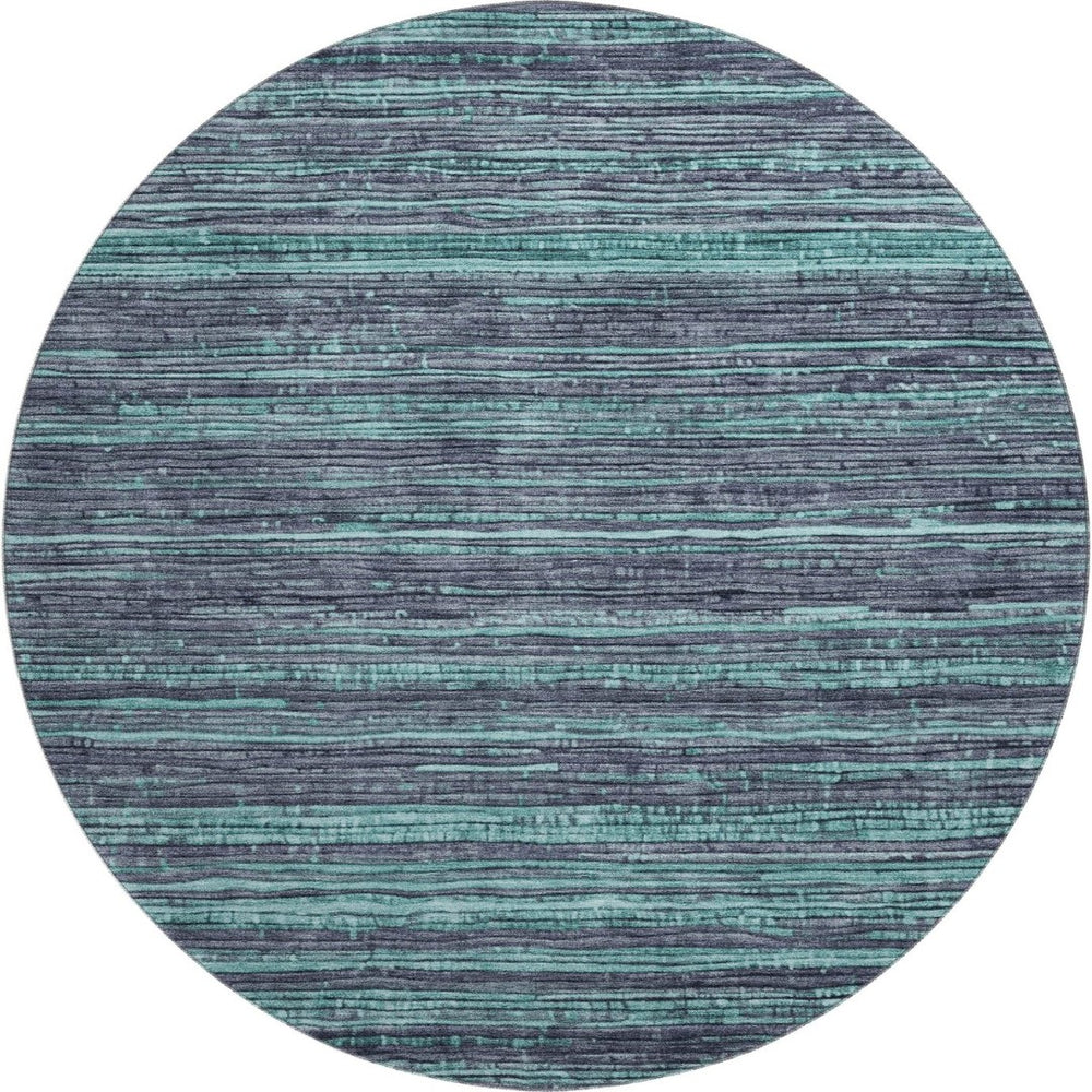HomeRoots 8' Stylish Teal and Gray Striped Round Rug – Washable, UV-Protected, Stain-Resistant, Non-Slip Design 705608