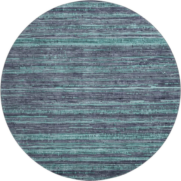 HomeRoots 8' Stylish Teal and Gray Striped Round Rug – Washable, UV-Protected, Stain-Resistant, Non-Slip Design 705608