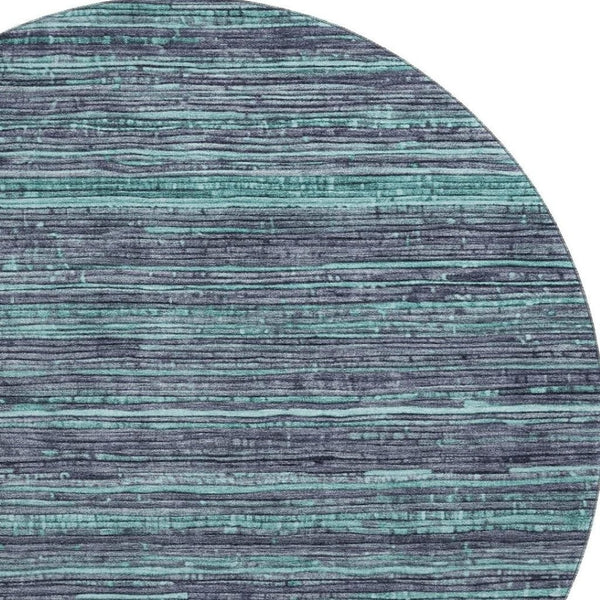HomeRoots 8' Stylish Teal and Gray Striped Round Rug – Washable, UV-Protected, Stain-Resistant, Non-Slip Design 705608