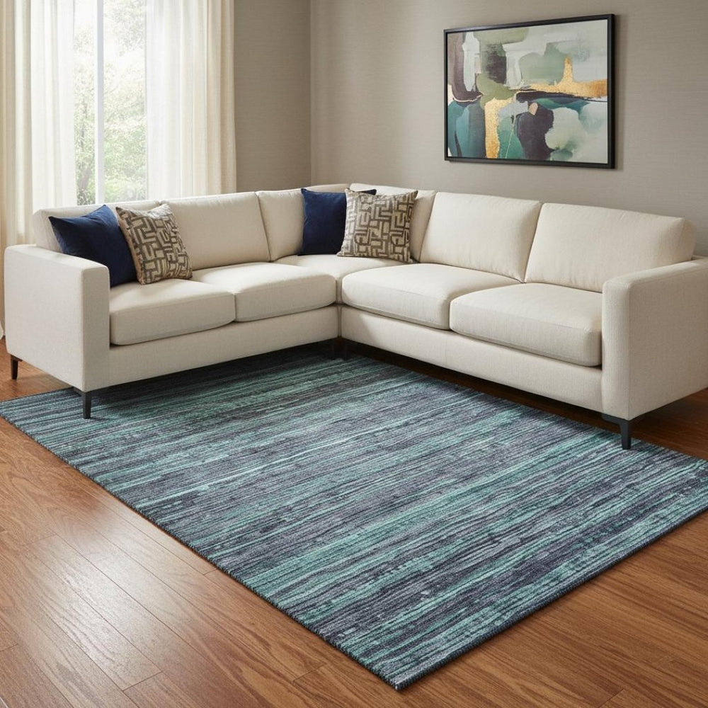 HomeRoots 8' X 10' Teal and Gray Striped Washable Area Rug with UV Protection for Indoor & Outdoor Use 705609