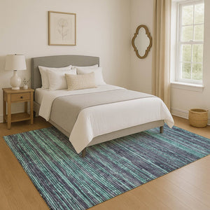 HomeRoots 9' X 12' Teal & Gray Striped Washable Area Rug with UV Protection, Perfect for High-Traffic Spaces 705610