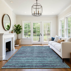 HomeRoots 9' X 12' Teal & Gray Striped Washable Area Rug with UV Protection, Perfect for High-Traffic Spaces 705610