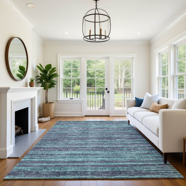 HomeRoots 9' X 12' Teal & Gray Striped Washable Area Rug with UV Protection, Perfect for High-Traffic Spaces 705610