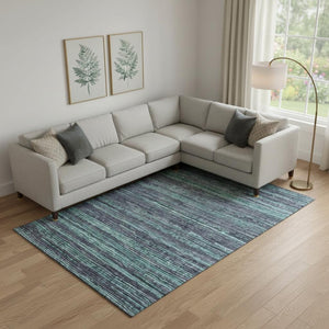 HomeRoots 10' X 14' Teal and Gray Striped Washable Area Rug - Durable, Stain-Resistant with UV Protection! 705611