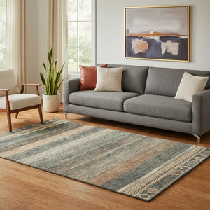HomeRoots 5' X 8' Fern Green & Copper Geometric Washable Area Rug - Stylish, Durable, UV-Resistant Design! 705613