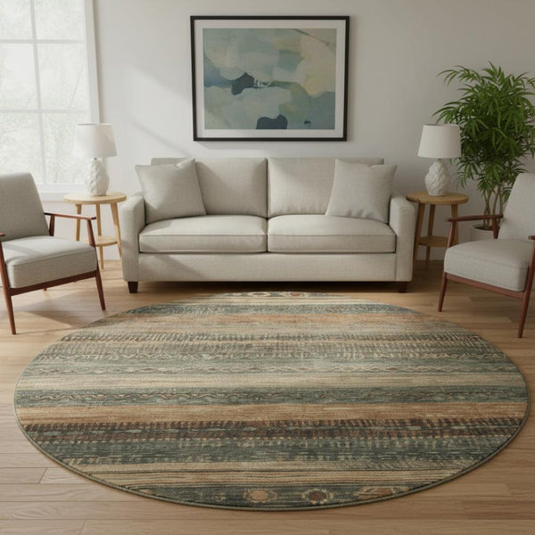 HomeRoots 8' Fern Green & Copper Geometric Washable Round Rug - Durable, UV-Protected & Stylish for Any Space 705614
